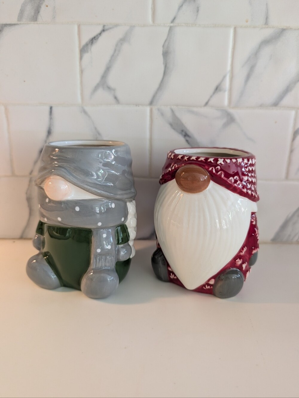 Pottery Barn Ceramic Gnome Mugs - Gray & Green and Red & White